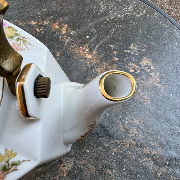 Vtg Homco Japanese Porcelain Tea Pot Hexagonal Kutani Bird Brass Handle 6" Asian - Picture 7 of 16